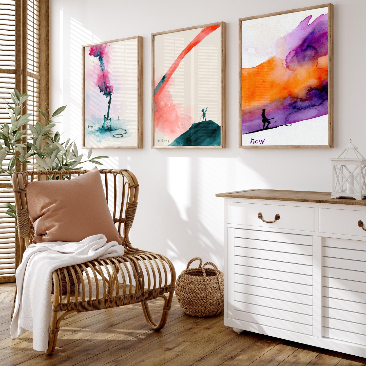 Electric Guitar Set of Three Art Prints - Let Go, Let It Ring, Now - Music Wall Art Poster Watercolour Painting Gift Decor