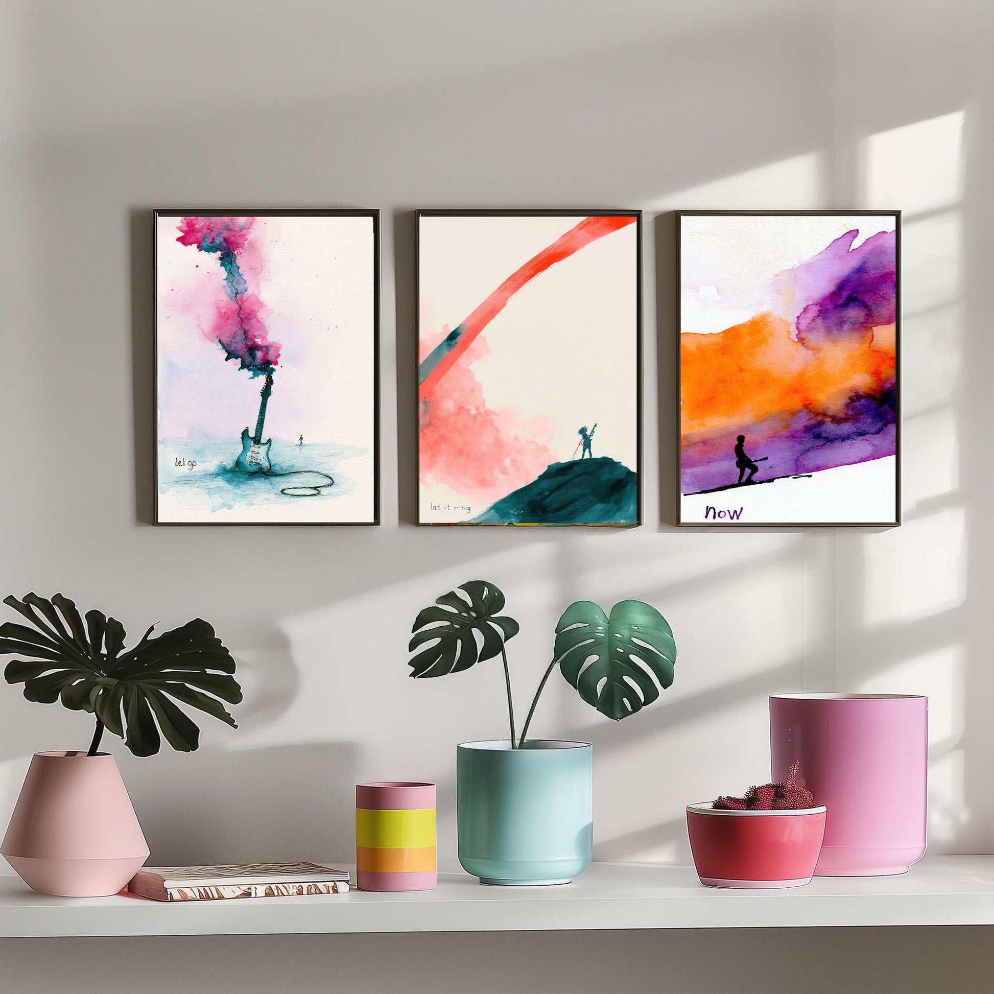 Electric Guitar Set of Three Art Prints - Let Go, Let It Ring, Now - Music Wall Art Poster Watercolour Painting Gift Decor