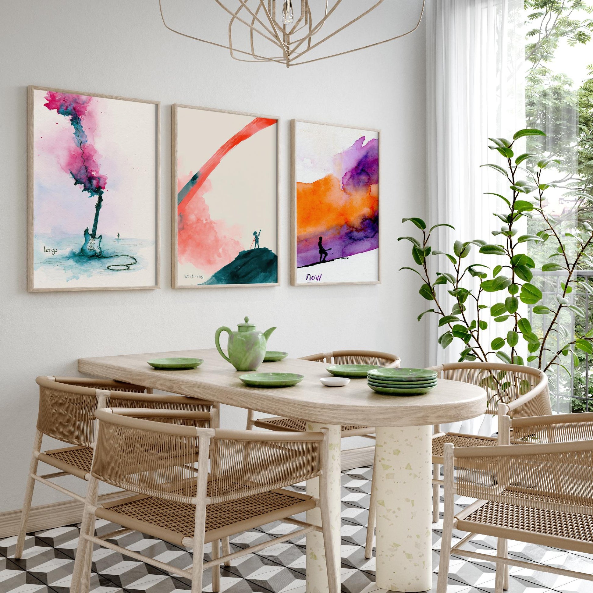 Electric Guitar Set of Three Art Prints - Let Go, Let It Ring, Now - Music Wall Art Poster Watercolour Painting Gift Decor