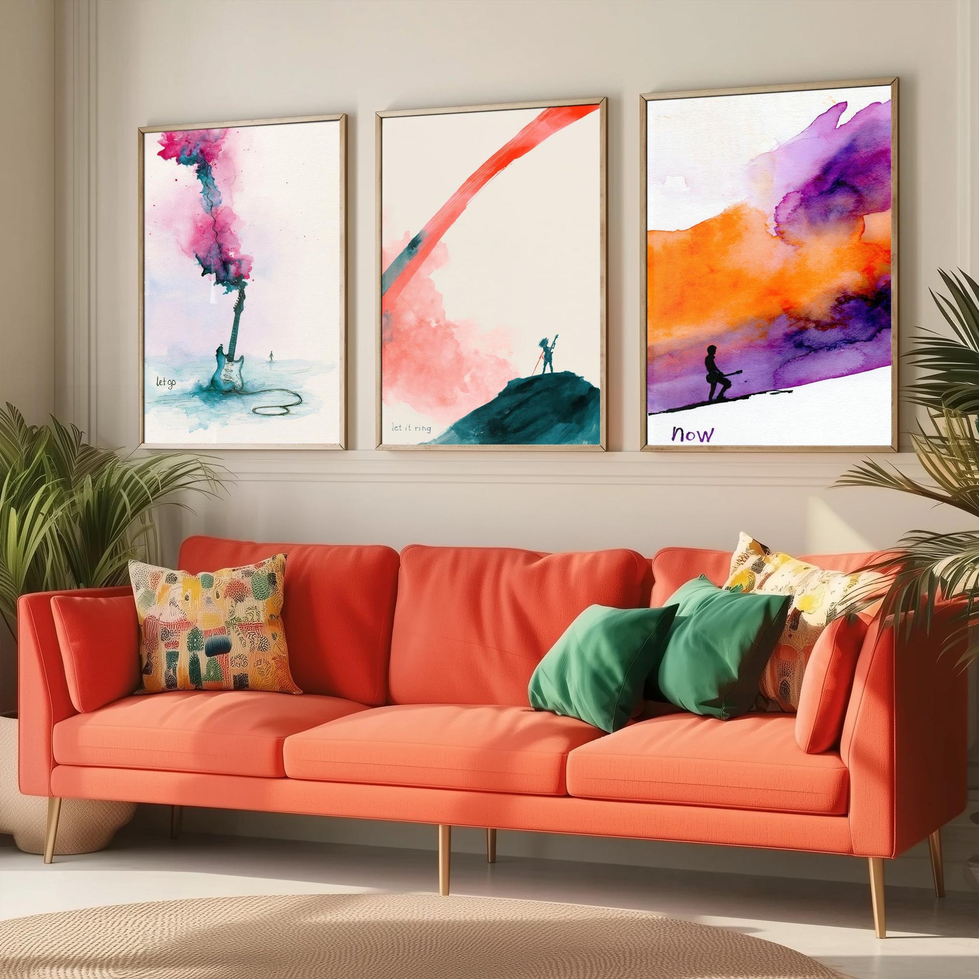 Electric Guitar Set of Three Art Prints - Let Go, Let It Ring, Now - Music Wall Art Poster Watercolour Painting Gift Decor