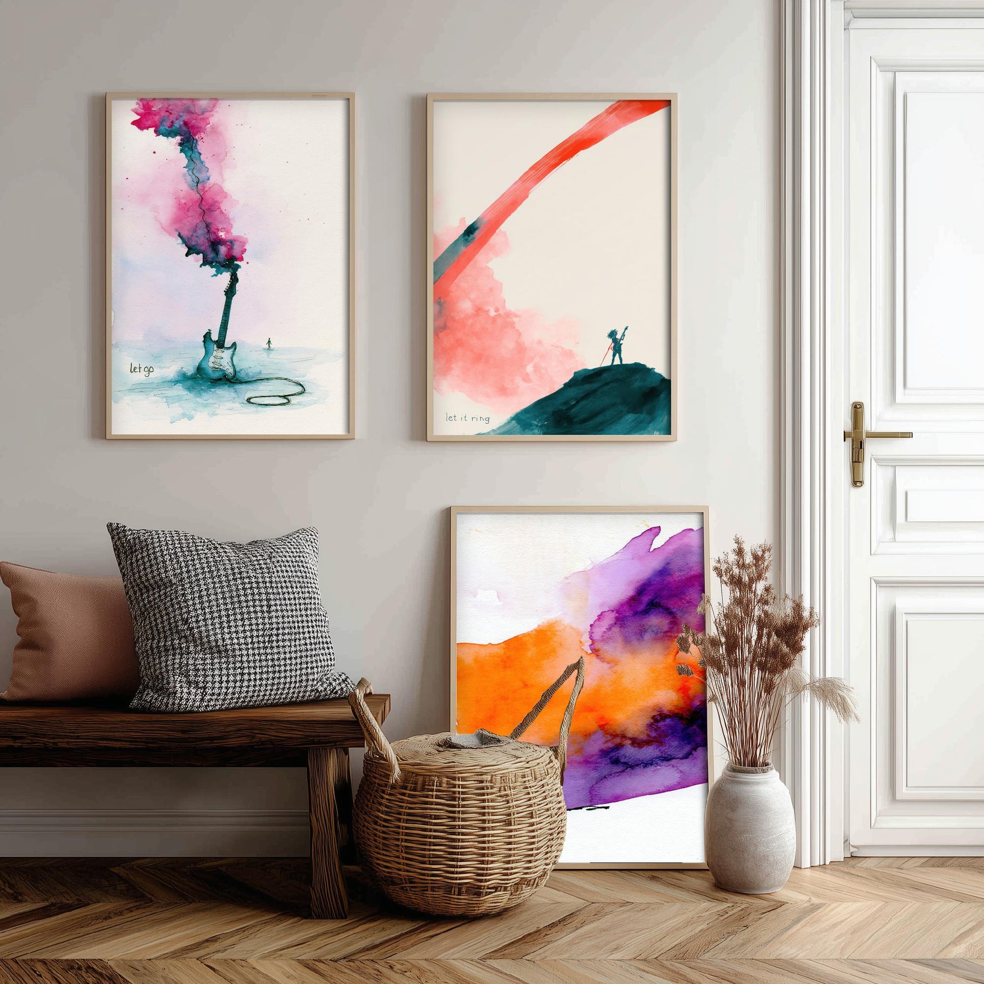 Electric Guitar Set of Three Art Prints - Let Go, Let It Ring, Now - Music Wall Art Poster Watercolour Painting Gift Decor