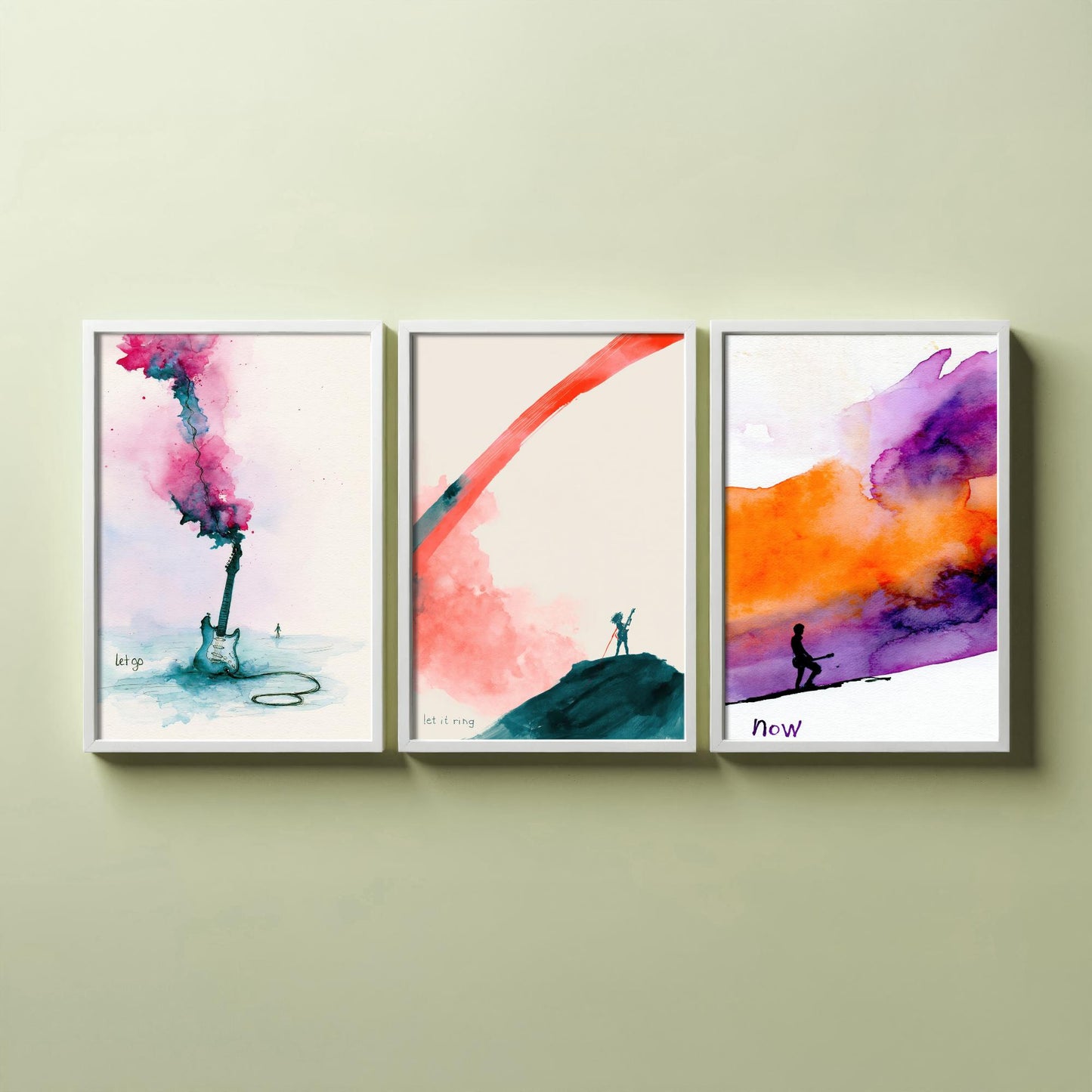 Electric Guitar Set of Three Art Prints - Let Go, Let It Ring, Now - Music Wall Art Poster Watercolour Painting Gift Decor
