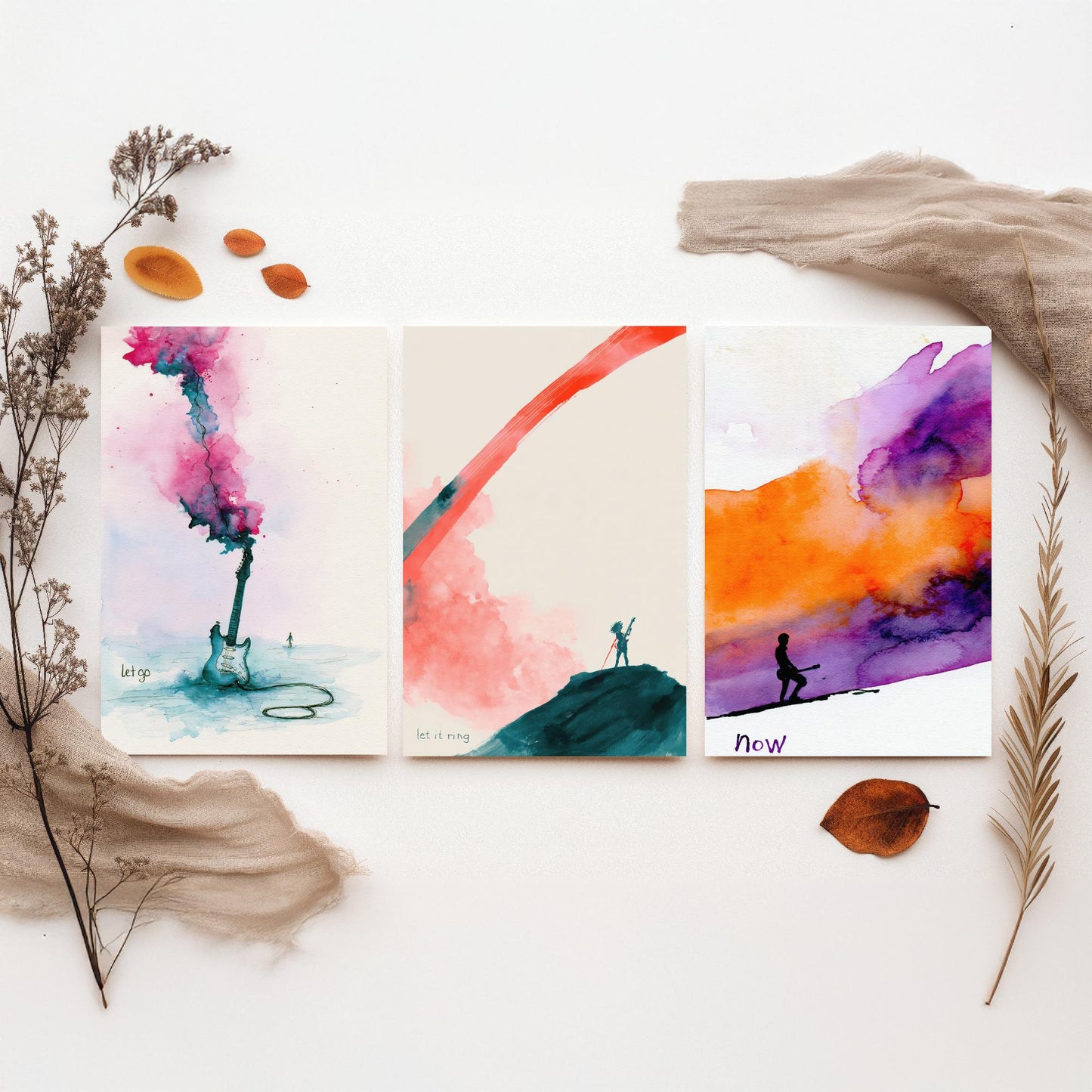Electric Guitar Set of Three Art Prints - Let Go, Let It Ring, Now - Music Wall Art Poster Watercolour Painting Gift Decor