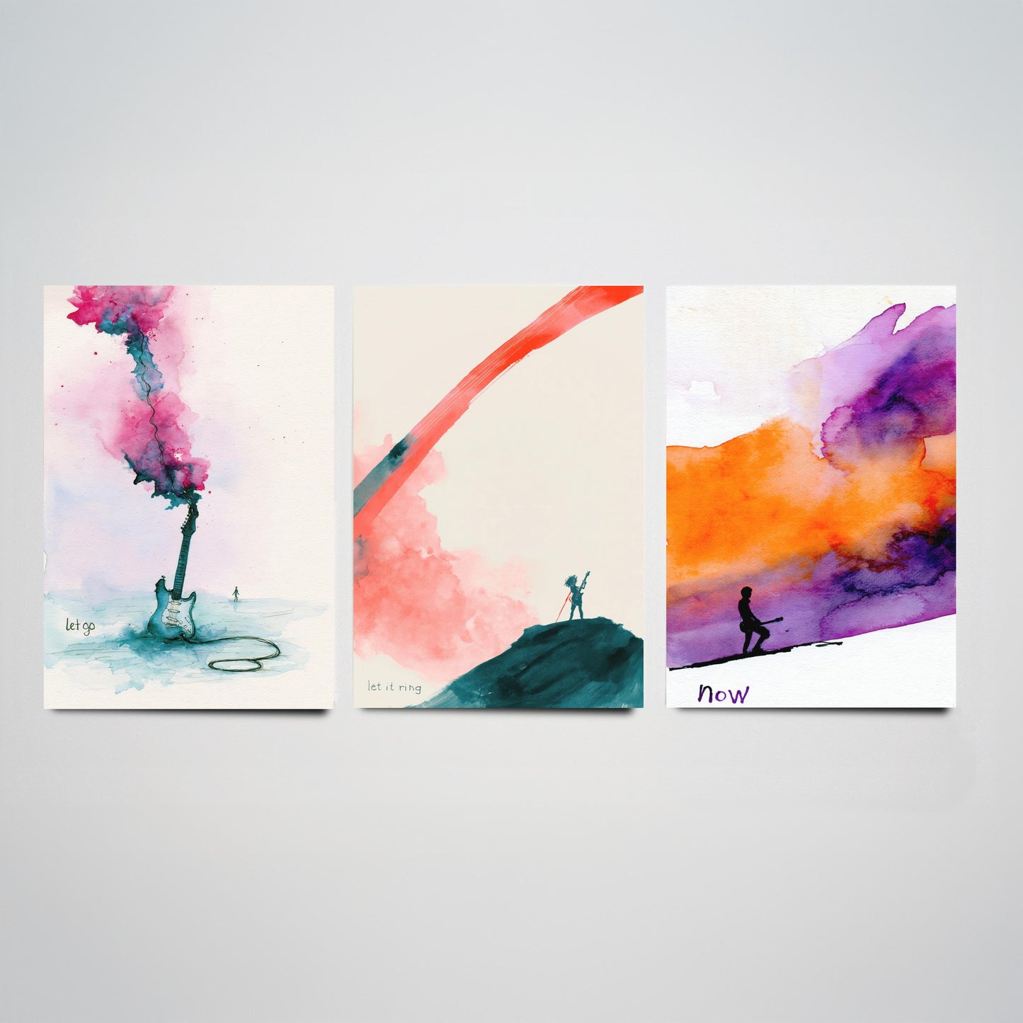 Electric Guitar Set of Three Art Prints - Let Go, Let It Ring, Now - Music Wall Art Poster Watercolour Painting Gift Decor