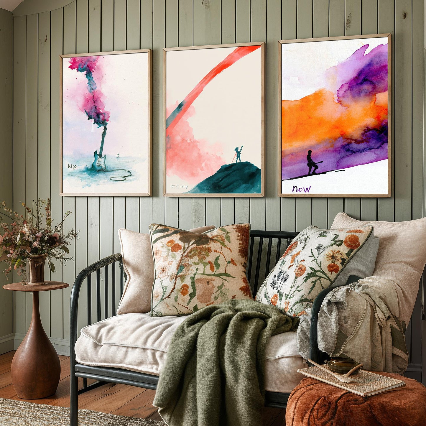 Electric Guitar Set of Three Art Prints - Let Go, Let It Ring, Now - Music Wall Art Poster Watercolour Painting Gift Decor