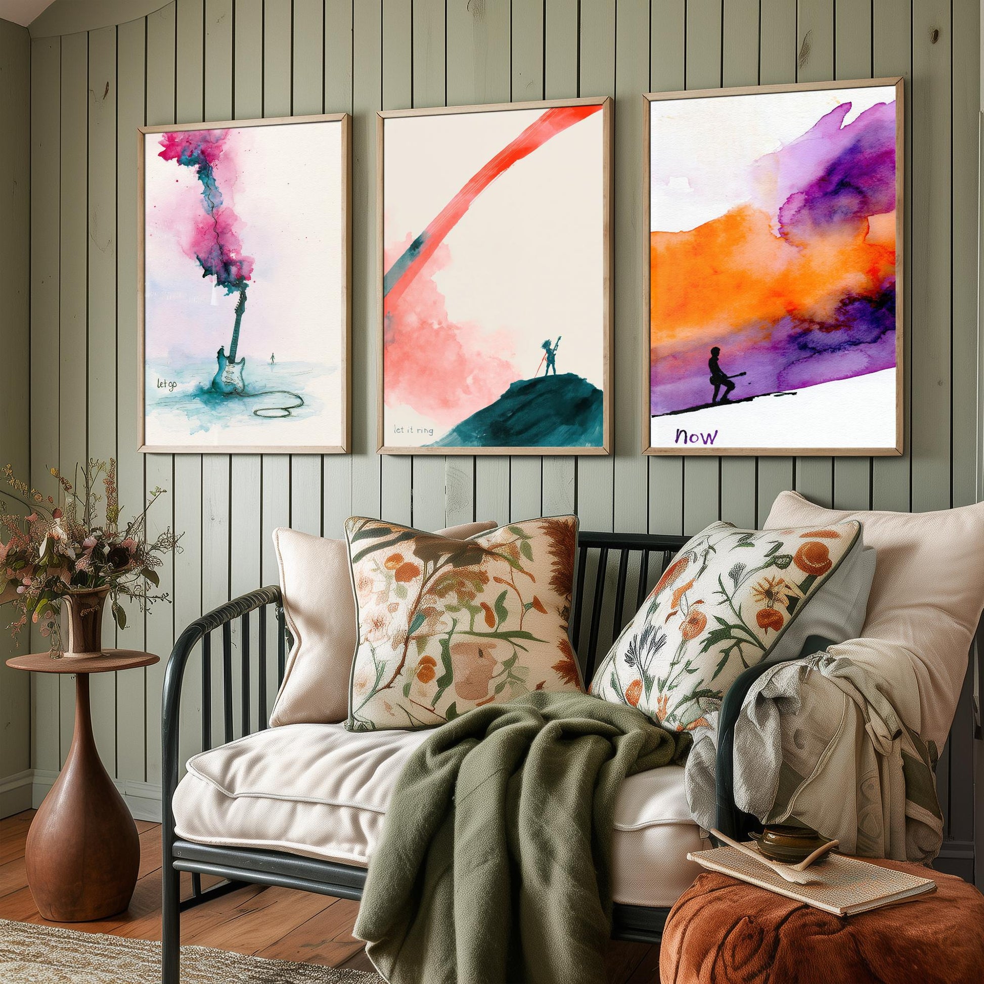 Electric Guitar Set of Three Art Prints - Let Go, Let It Ring, Now - Music Wall Art Poster Watercolour Painting Gift Decor