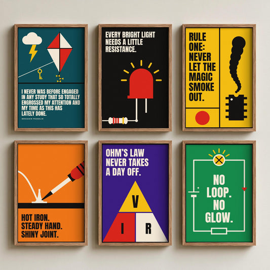Set of Six Electronics Quote Art Prints - 6 Bauhaus Circuits Maker Posters - Minimalist Tech Illustration - LED, Resistor, Circuit