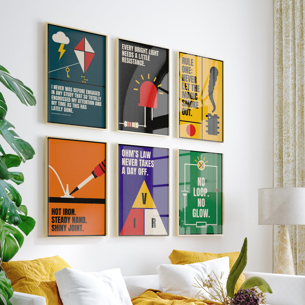 Set of Six Electronics Quote Art Prints - 6 Bauhaus Circuits Maker Posters - Minimalist Tech Illustration - LED, Resistor, Circuit