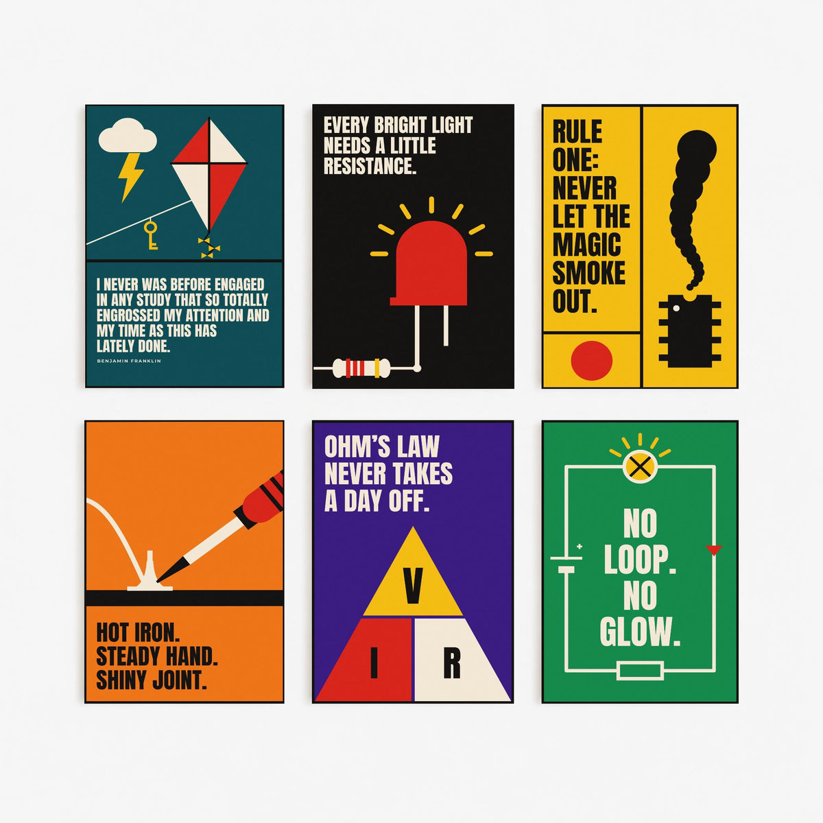 Set of Six Electronics Quote Art Prints - 6 Bauhaus Circuits Maker Posters - Minimalist Tech Illustration - LED, Resistor, Circuit
