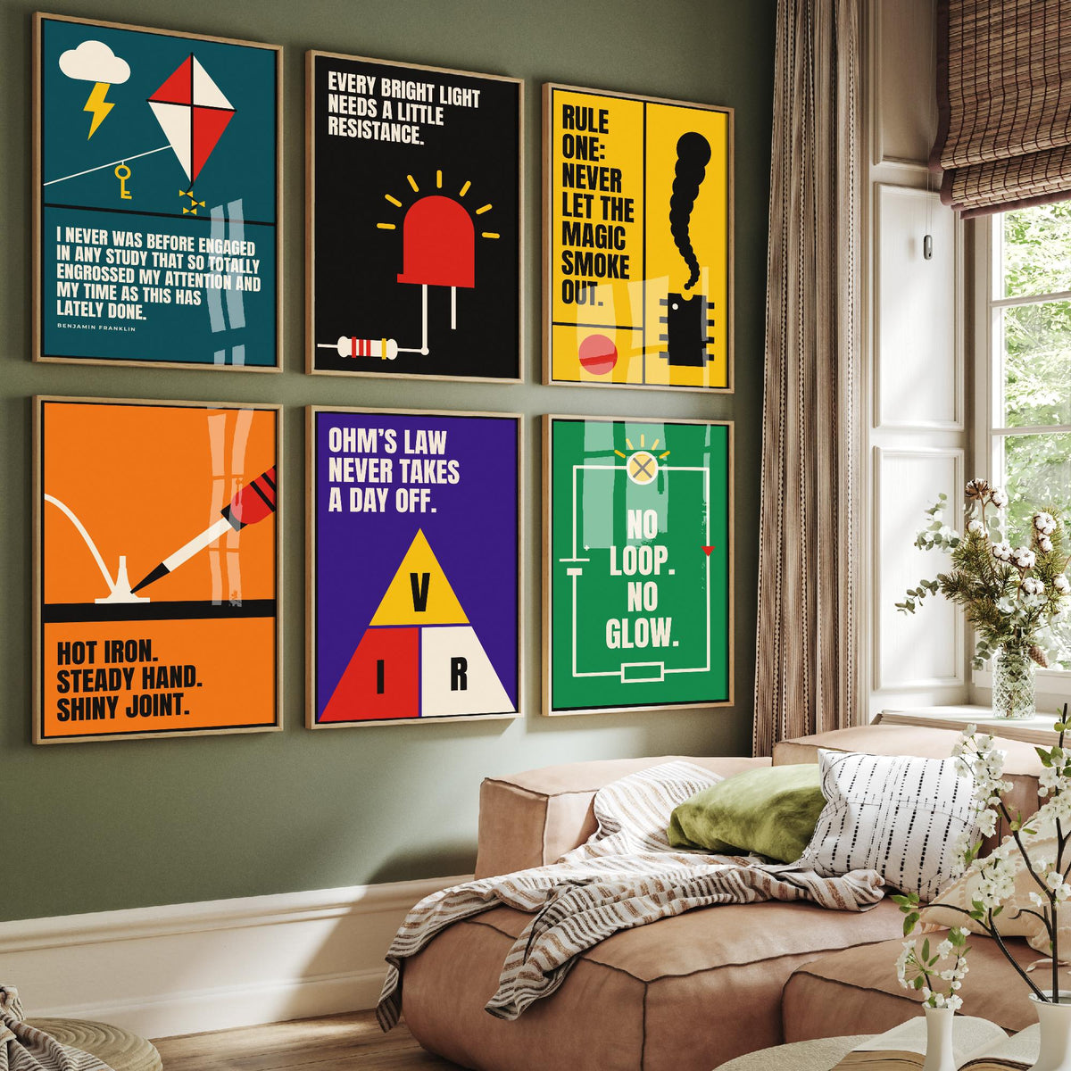 Set of Six Electronics Quote Art Prints - 6 Bauhaus Circuits Maker Posters - Minimalist Tech Illustration - LED, Resistor, Circuit