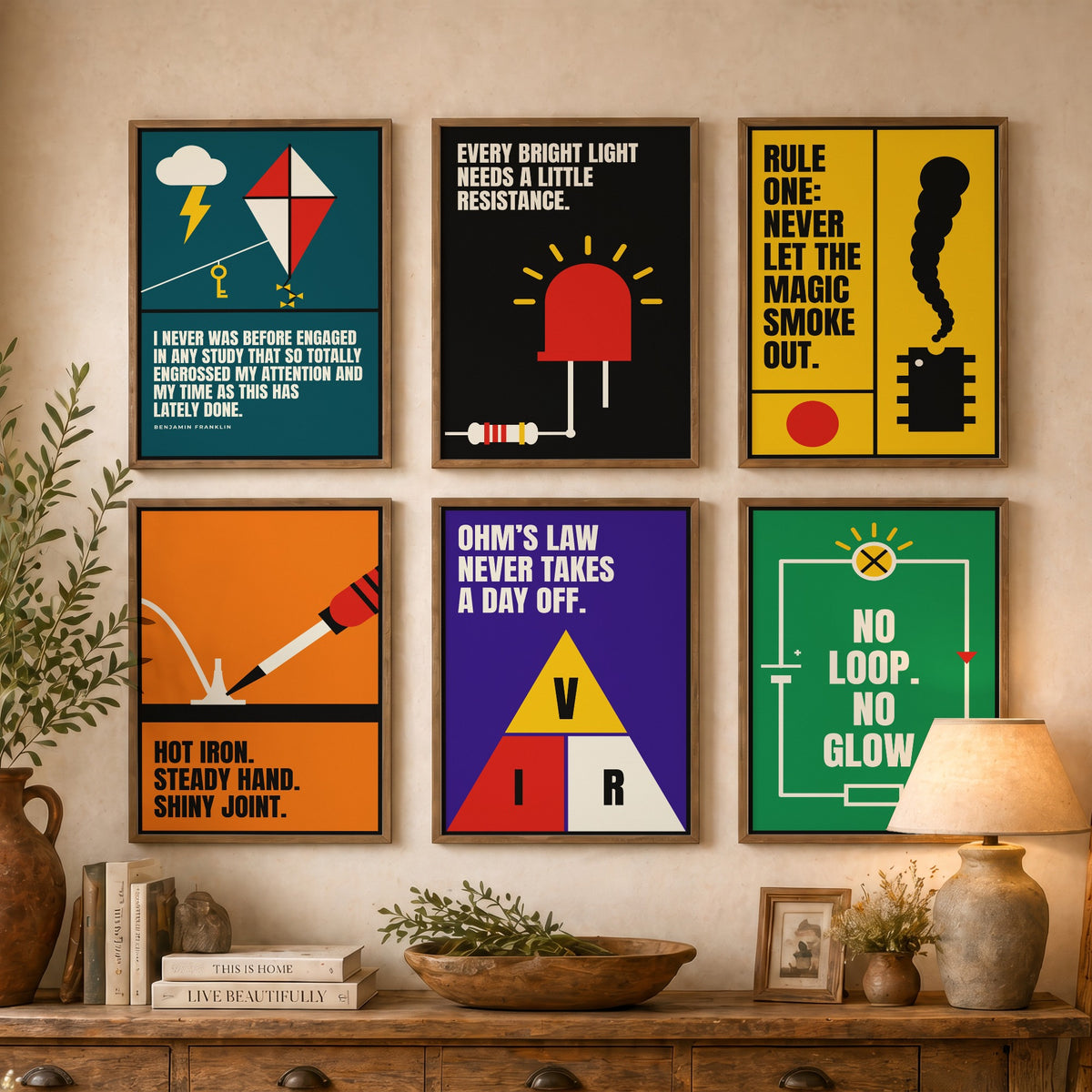 Set of Six Electronics Quote Art Prints - 6 Bauhaus Circuits Maker Posters - Minimalist Tech Illustration - LED, Resistor, Circuit