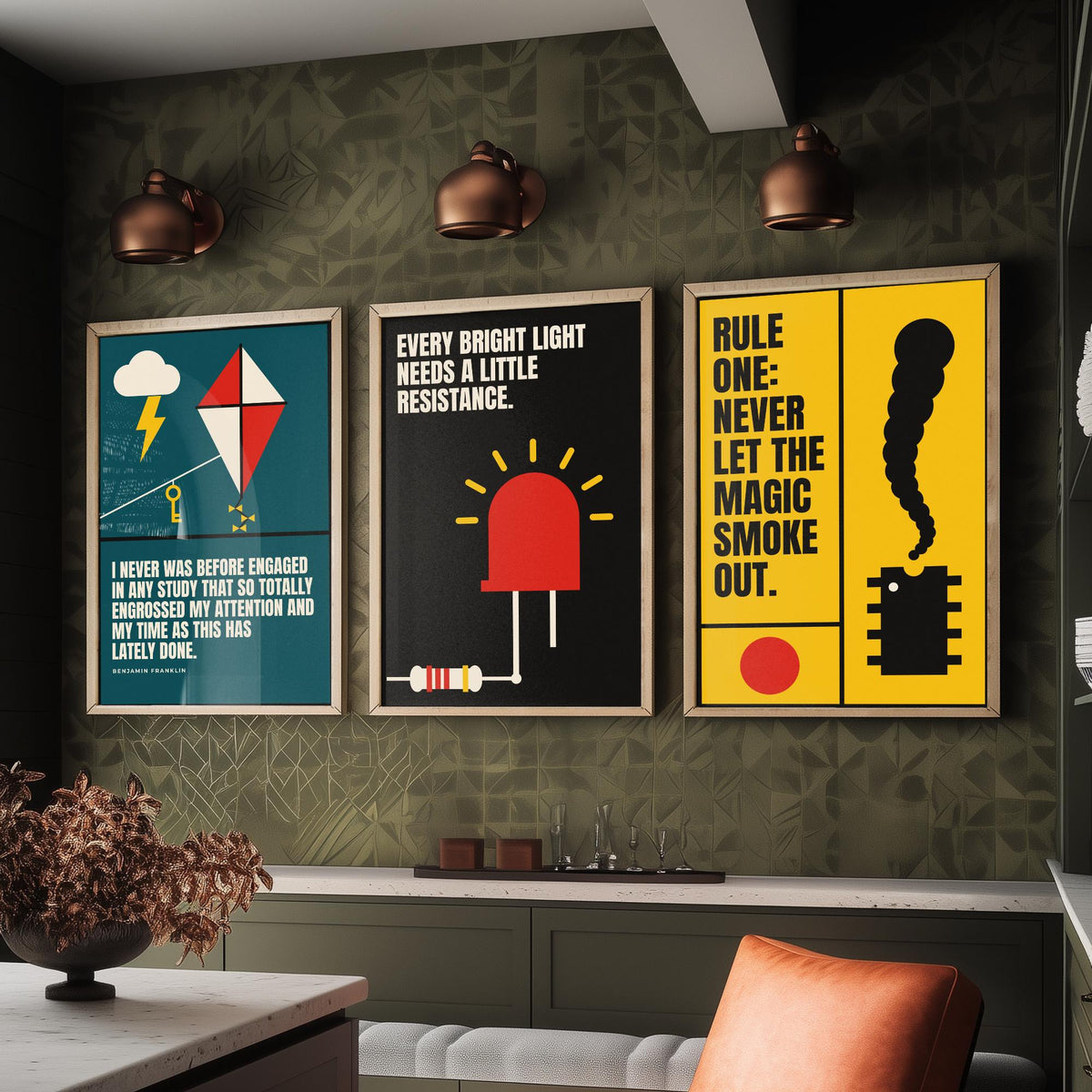 Electronics Quotes Set of Three Art Prints - 3 Bauhaus Circuits Maker Posters - Minimalist Tech Wall Art Illustration V1