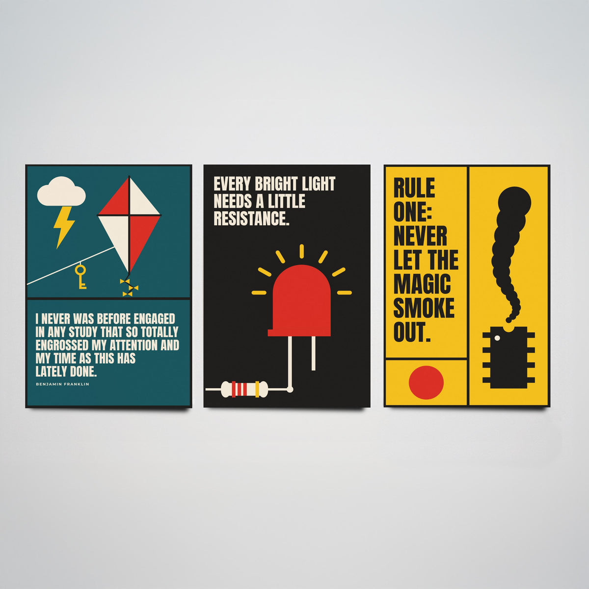 Electronics Quotes Set of Three Art Prints - 3 Bauhaus Circuits Maker Posters - Minimalist Tech Wall Art Illustration V1
