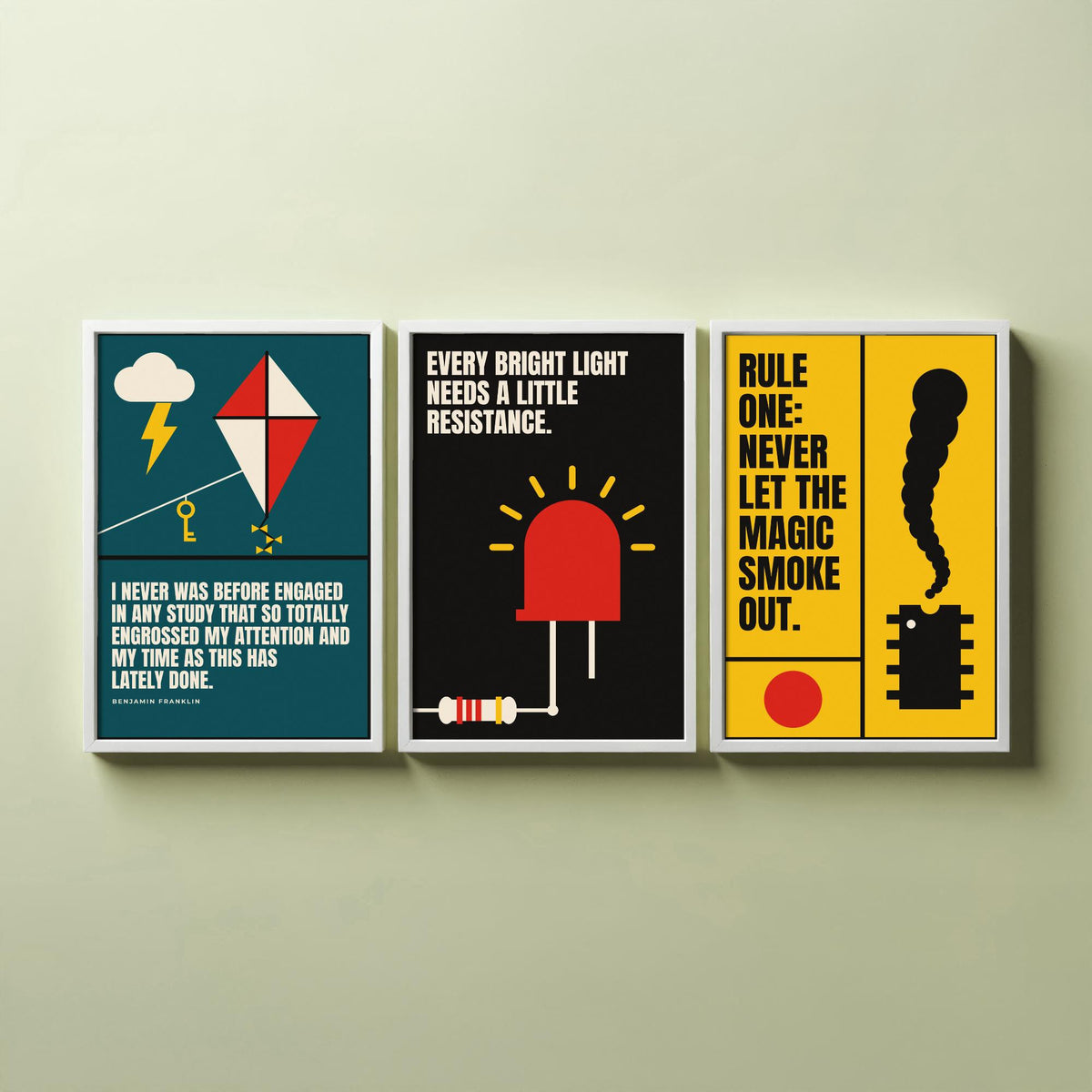 Electronics Quotes Set of Three Art Prints - 3 Bauhaus Circuits Maker Posters - Minimalist Tech Wall Art Illustration V1