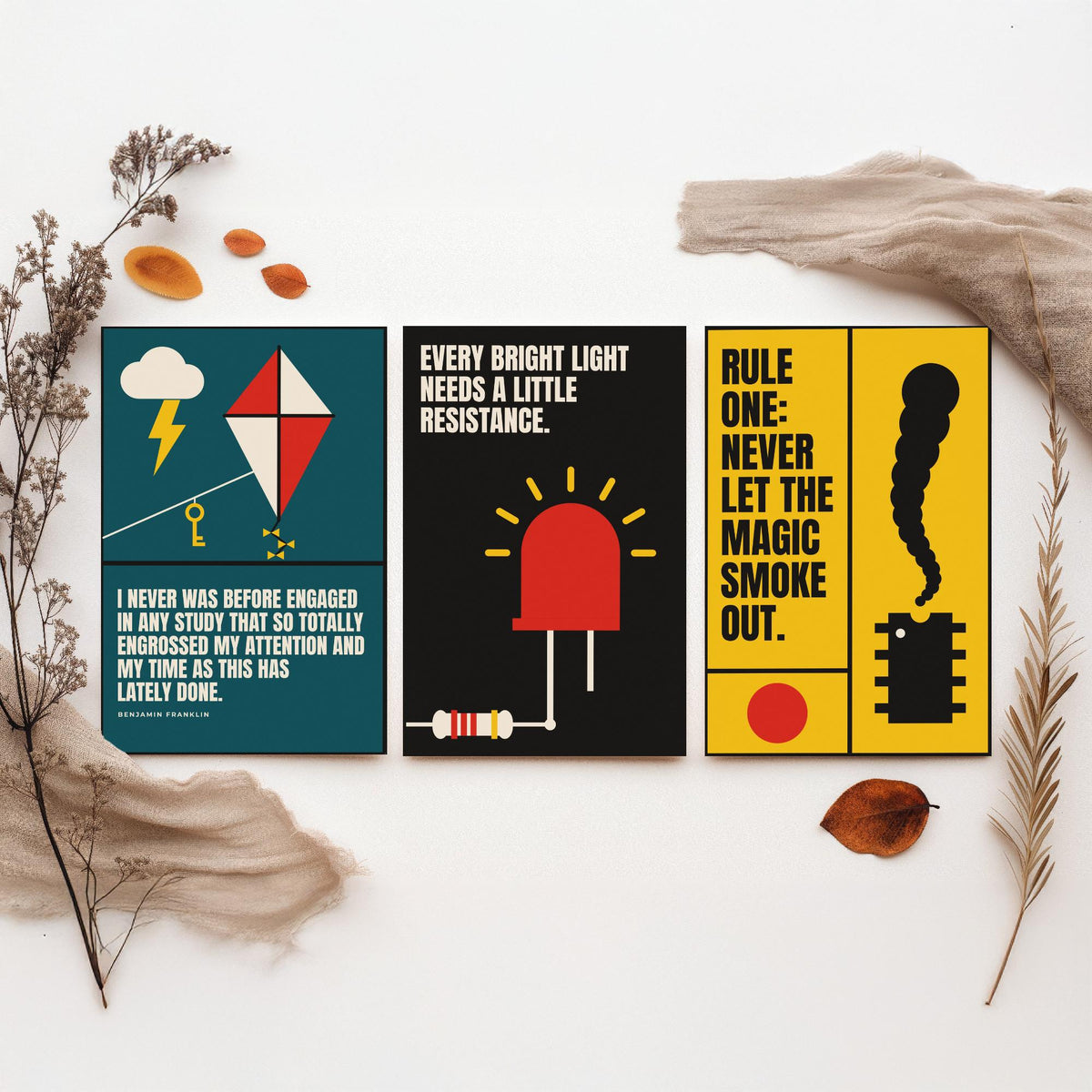 Electronics Quotes Set of Three Art Prints - 3 Bauhaus Circuits Maker Posters - Minimalist Tech Wall Art Illustration V1