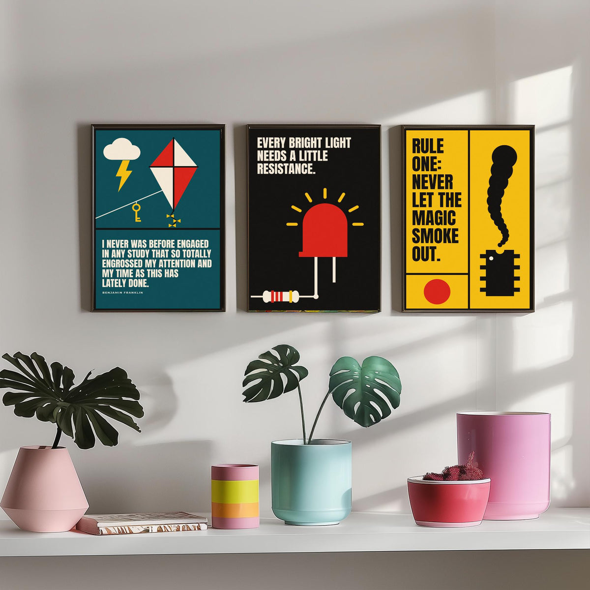 Electronics Quotes Set of Three Art Prints - 3 Bauhaus Circuits Maker Posters - Minimalist Tech Wall Art Illustration V1
