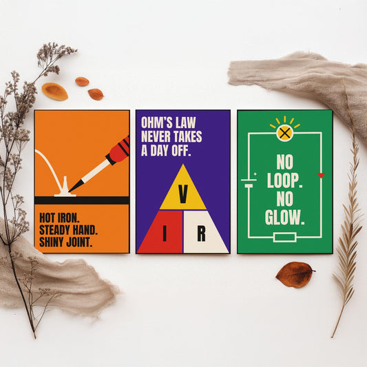 Electronics Quotes Set of Three Art Prints - 3 Retro Bauhaus Circuits Maker Posters - Minimalist Tech Wall Art Illustration V2