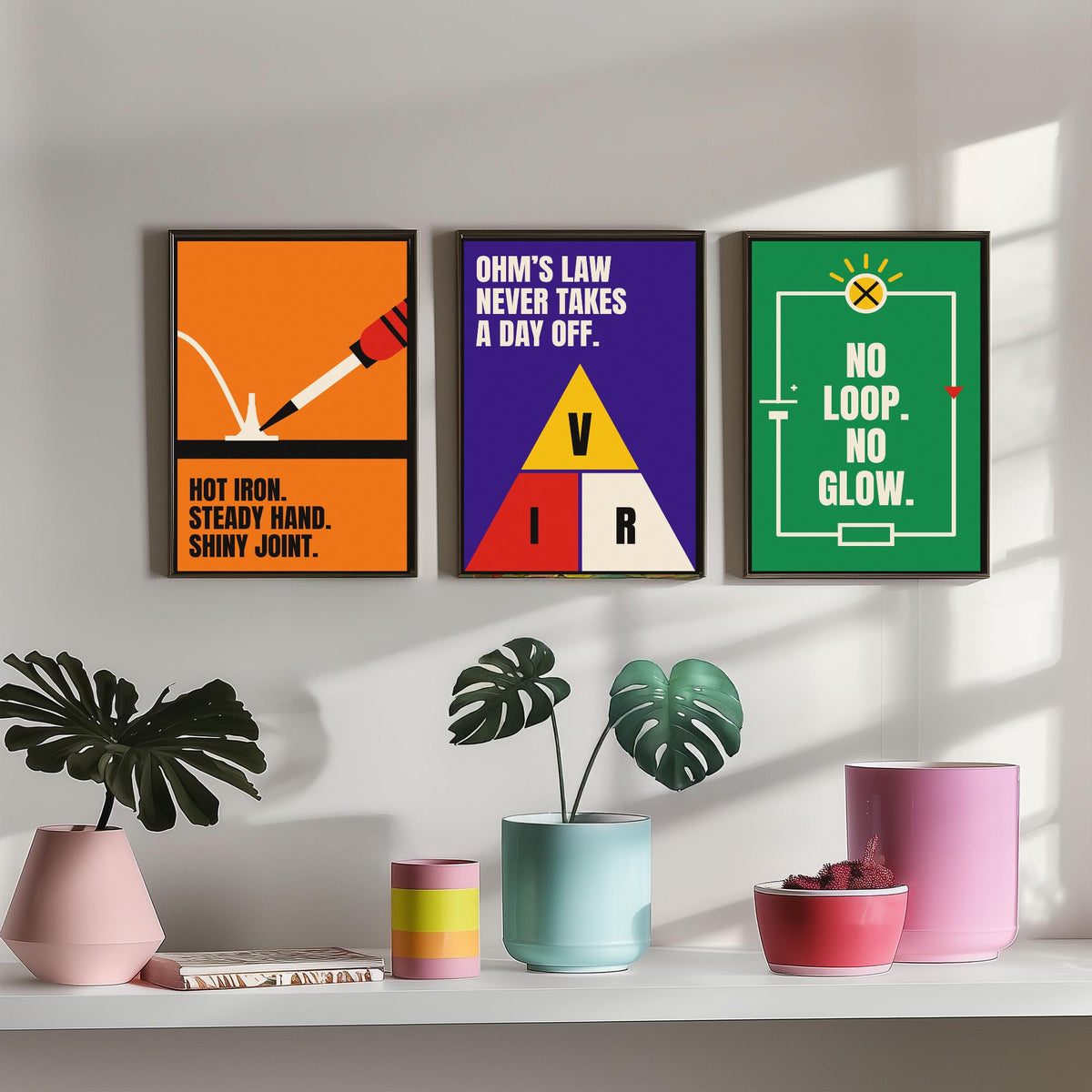 Electronics Quotes Set of Three Art Prints - 3 Retro Bauhaus Circuits Maker Posters - Minimalist Tech Wall Art Illustration V2