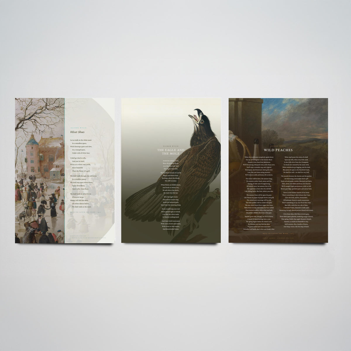 Elinor Wylie Poems Set of Three Art Prints - Velvet Shoes, The Eagle and the Mole, Wild Peaches - Poetry Poster over Paintings
