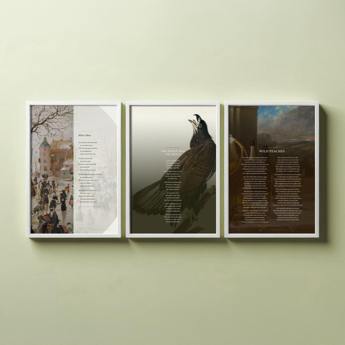 Elinor Wylie Poems Set of Three Art Prints - Velvet Shoes, The Eagle and the Mole, Wild Peaches - Poetry Poster over Paintings