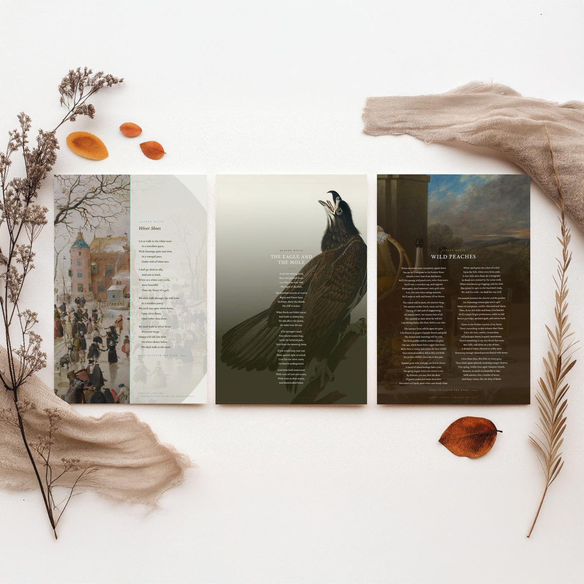 Elinor Wylie Poems Set of Three Art Prints - Velvet Shoes, The Eagle and the Mole, Wild Peaches - Poetry Poster over Paintings