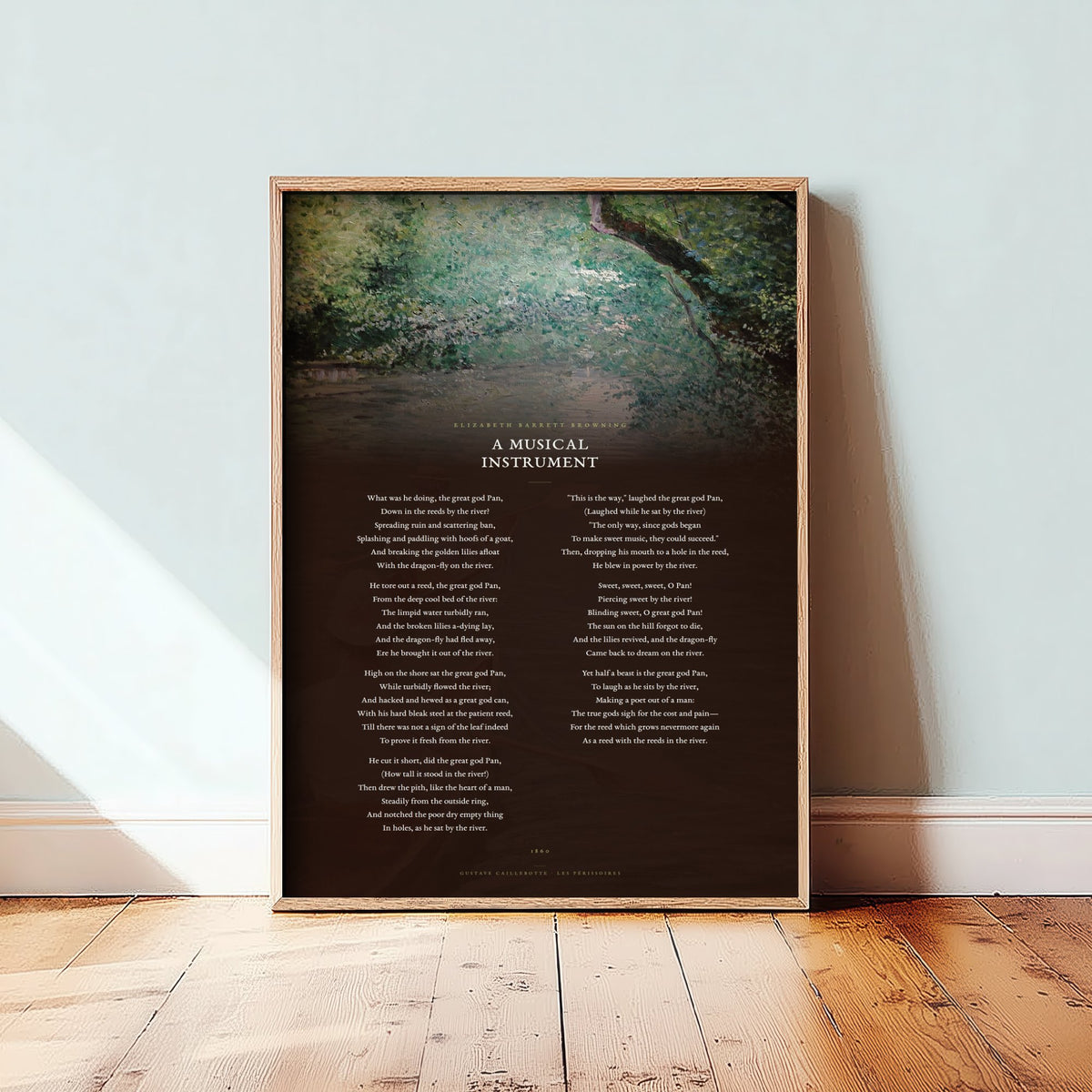 A Musical Instrument by Elizabeth Barrett Browning Art Print - Full Poem over Caillebotte Les Perissoires Painting - Great God Pan Poster