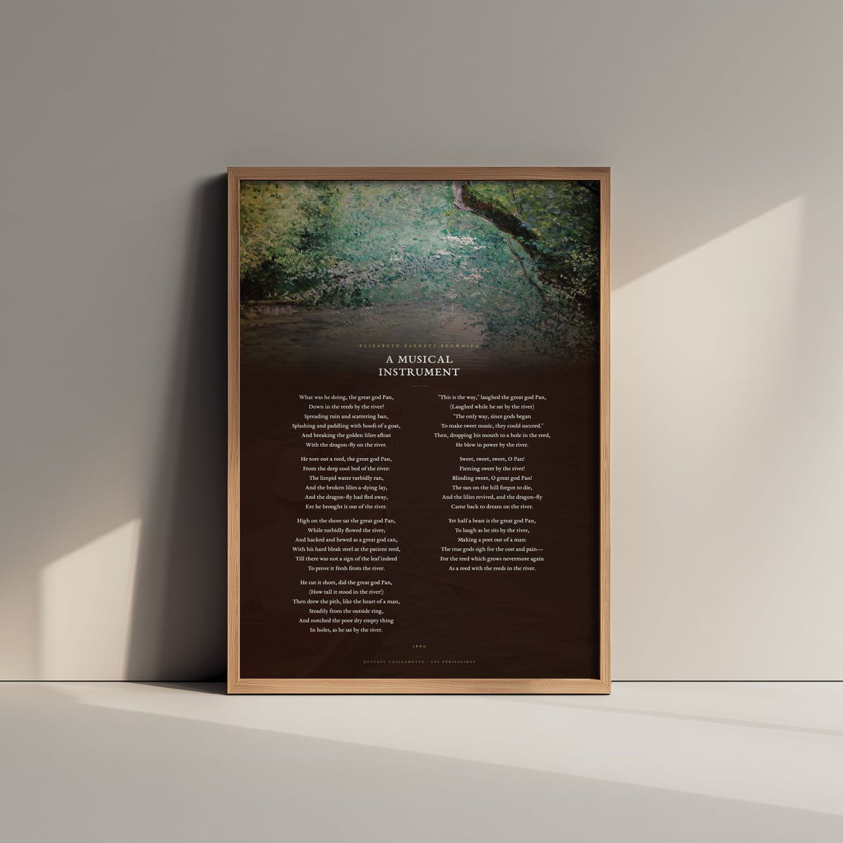 A Musical Instrument by Elizabeth Barrett Browning Art Print - Full Poem over Caillebotte Les Perissoires Painting - Great God Pan Poster