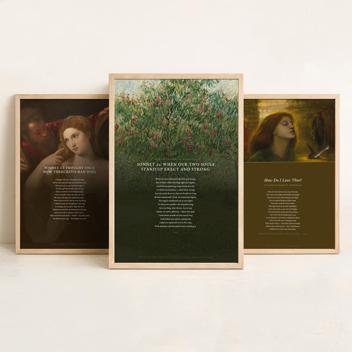 Elizabeth Barrett Browning Poems Set of Three Art Prints - How Do I Love Thee, Sonnet 1, Sonnet 22 - Poetry Poster over Paintings