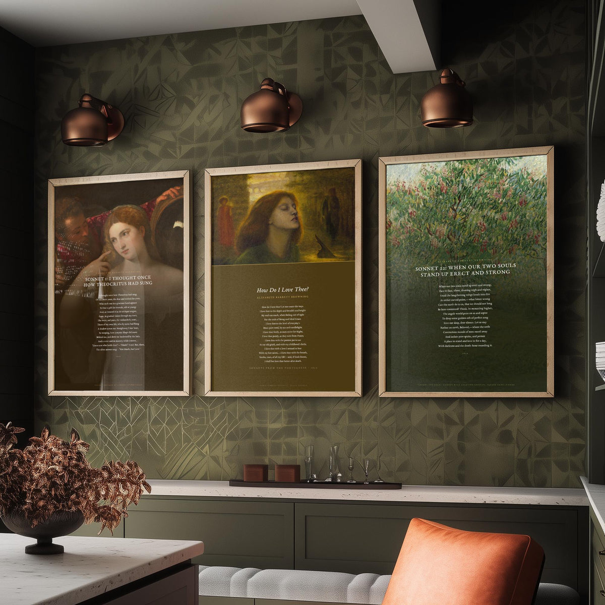 Elizabeth Barrett Browning Poems Set of Three Art Prints - How Do I Love Thee, Sonnet 1, Sonnet 22 - Poetry Poster over Paintings
