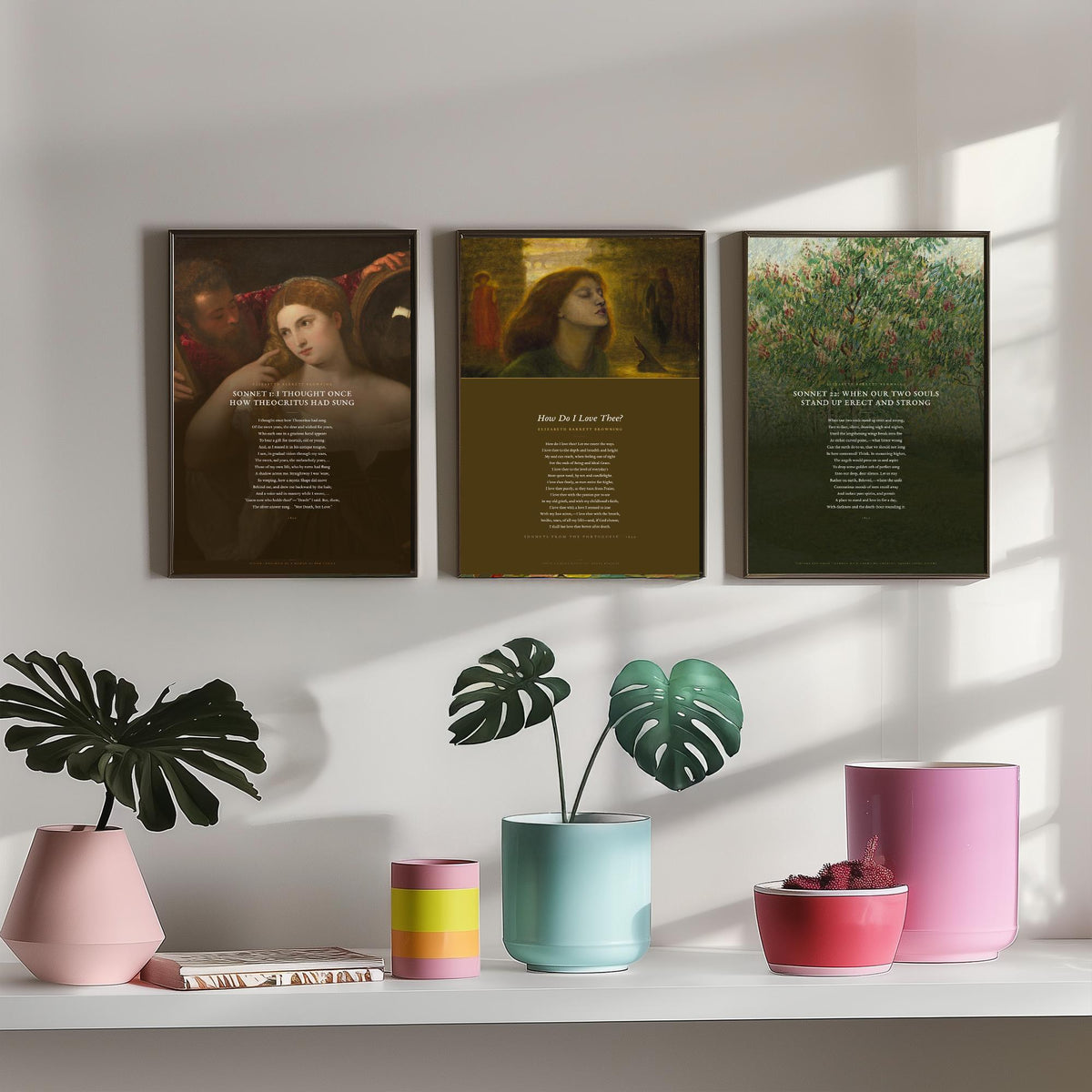 Elizabeth Barrett Browning Poems Set of Three Art Prints - How Do I Love Thee, Sonnet 1, Sonnet 22 - Poetry Poster over Paintings