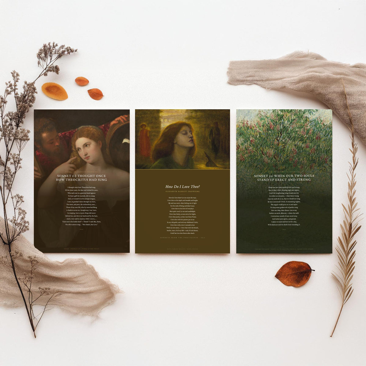 Elizabeth Barrett Browning Poems Set of Three Art Prints - How Do I Love Thee, Sonnet 1, Sonnet 22 - Poetry Poster over Paintings