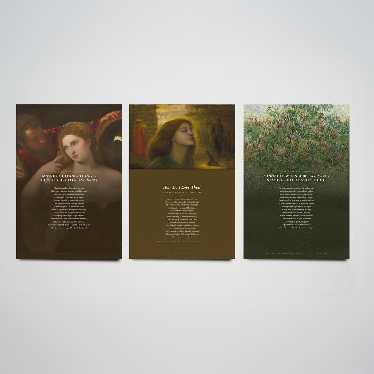 Elizabeth Barrett Browning Poems Set of Three Art Prints - How Do I Love Thee, Sonnet 1, Sonnet 22 - Poetry Poster over Paintings
