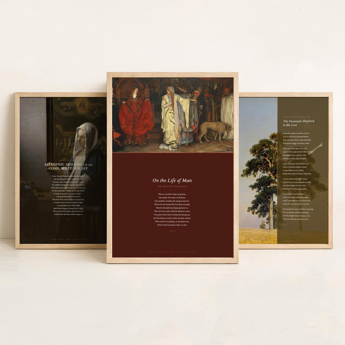 Elizabethan Poems Set of Three Art Prints - Passionate Shepherd, Come Sleep, On the Life of Man - Poems over Paintings Poster Triptych