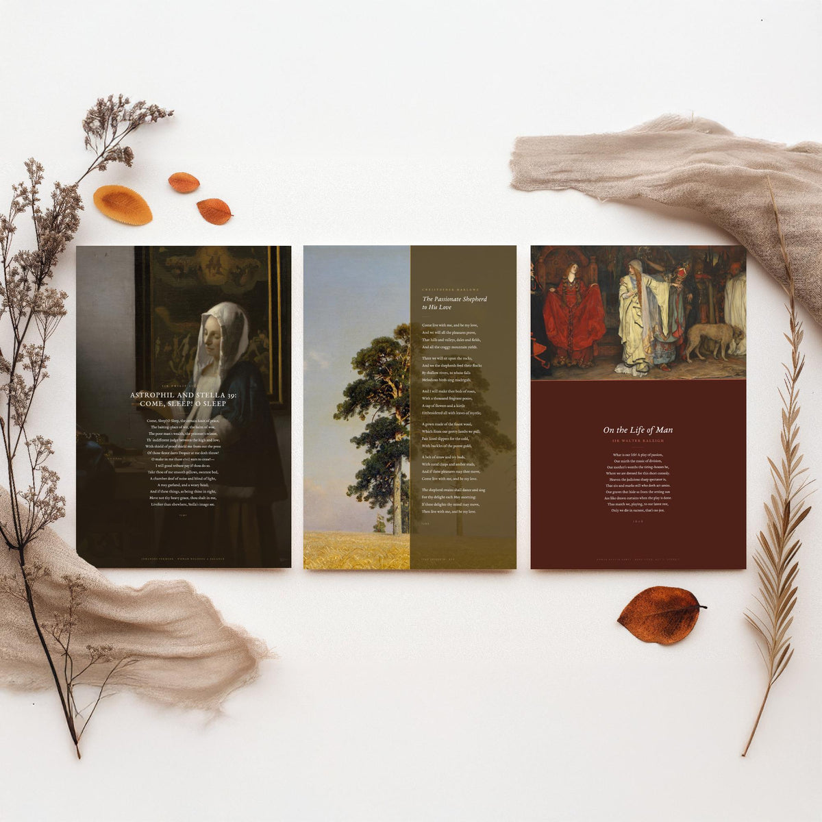 Elizabethan Poems Set of Three Art Prints - Passionate Shepherd, Come Sleep, On the Life of Man - Poems over Paintings Poster Triptych