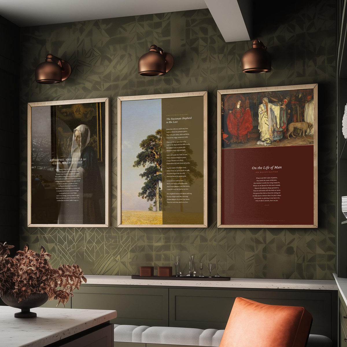 Elizabethan Poems Set of Three Art Prints - Passionate Shepherd, Come Sleep, On the Life of Man - Poems over Paintings Poster Triptych