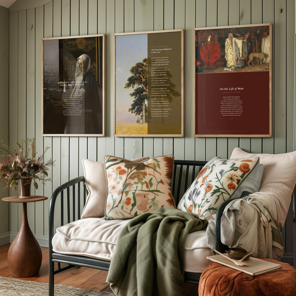 Elizabethan Poems Set of Three Art Prints - Passionate Shepherd, Come Sleep, On the Life of Man - Poems over Paintings Poster Triptych