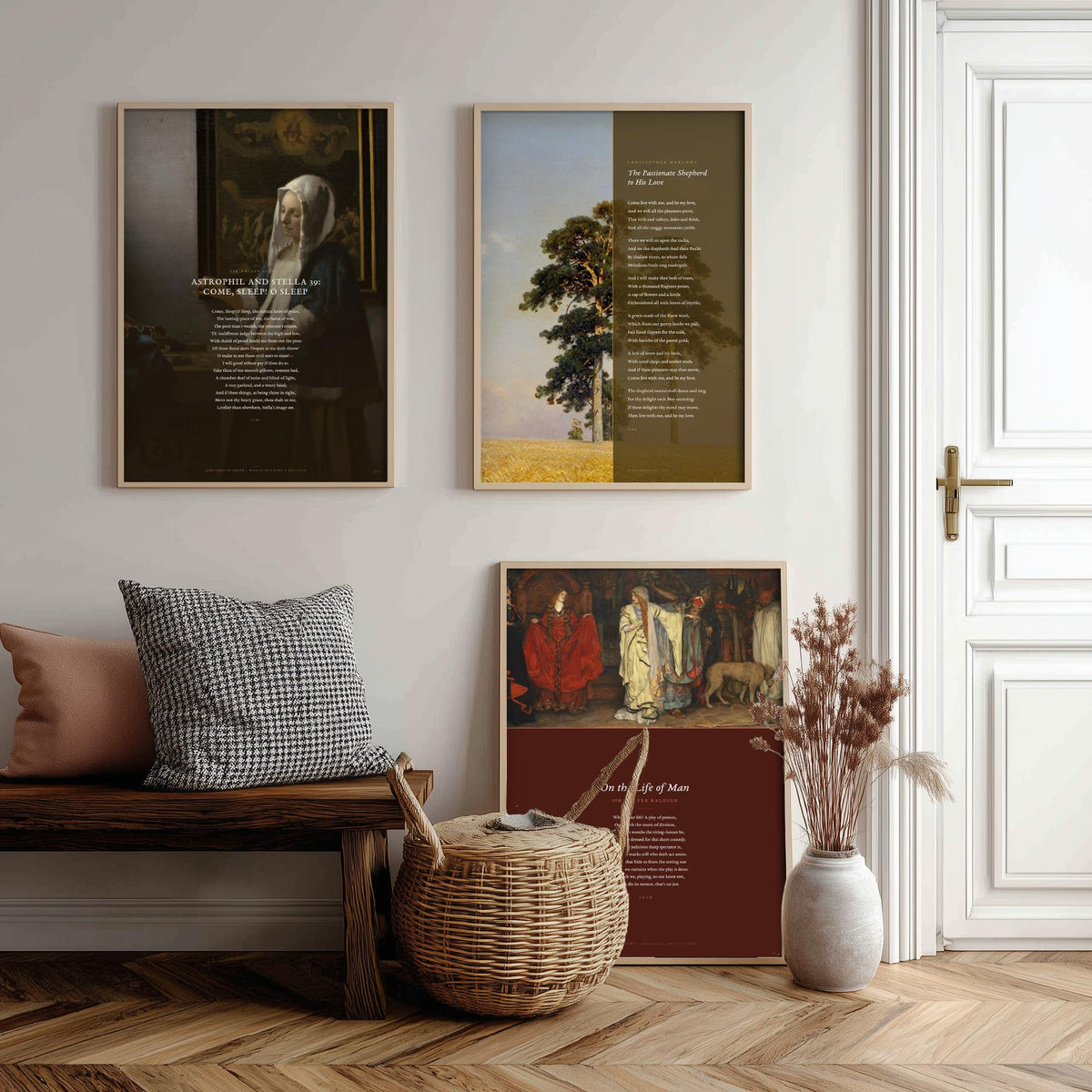 Elizabethan Poems Set of Three Art Prints - Passionate Shepherd, Come Sleep, On the Life of Man - Poems over Paintings Poster Triptych