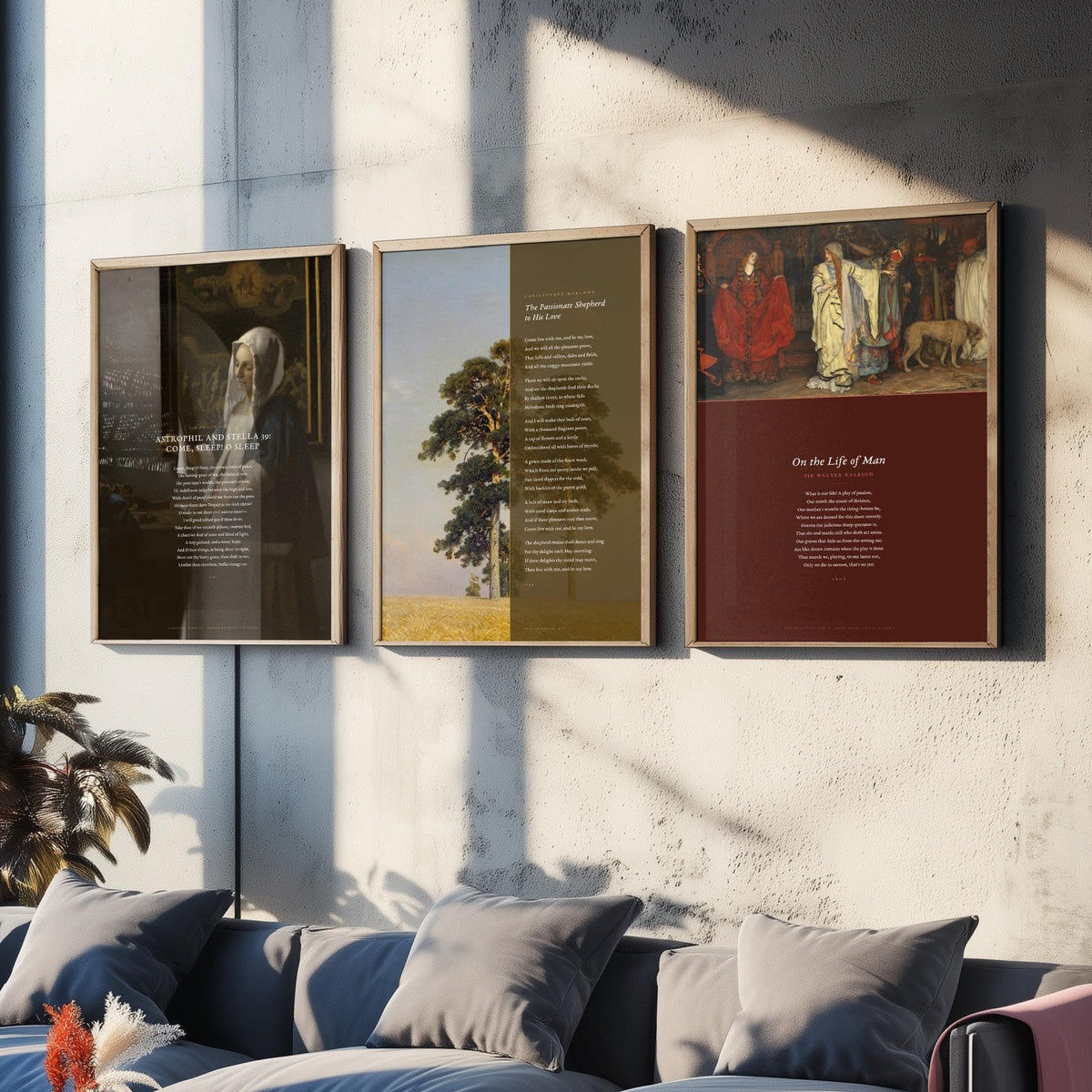 Elizabethan Poems Set of Three Art Prints - Passionate Shepherd, Come Sleep, On the Life of Man - Poems over Paintings Poster Triptych