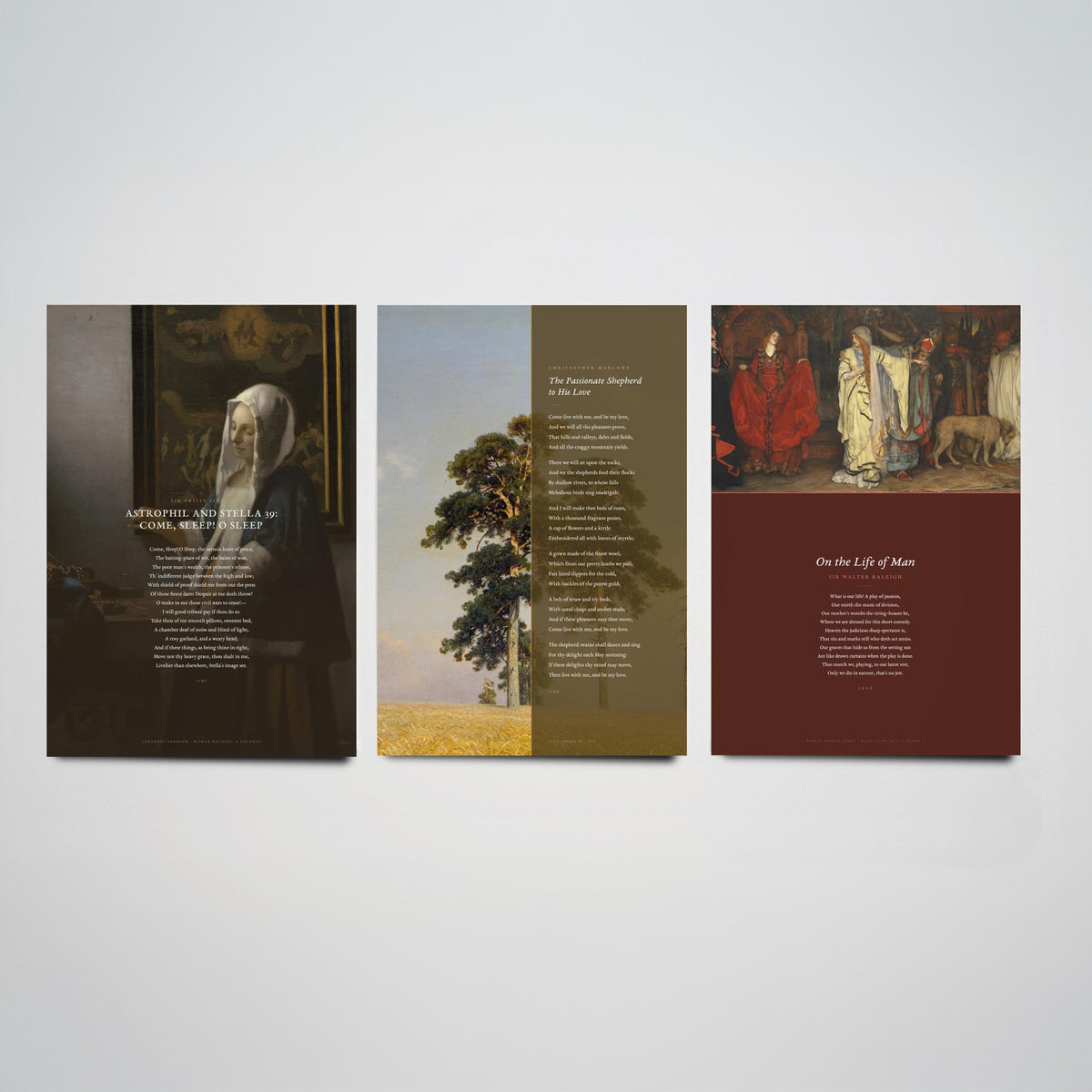 Elizabethan Poems Set of Three Art Prints - Passionate Shepherd, Come Sleep, On the Life of Man - Poems over Paintings Poster Triptych