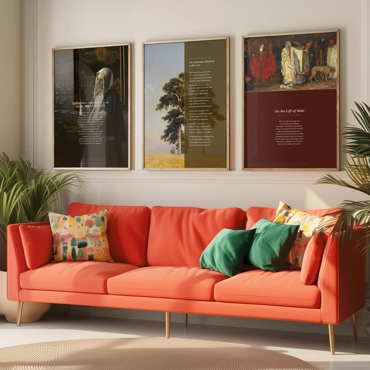 Elizabethan Poems Set of Three Art Prints - Passionate Shepherd, Come Sleep, On the Life of Man - Poems over Paintings Poster Triptych
