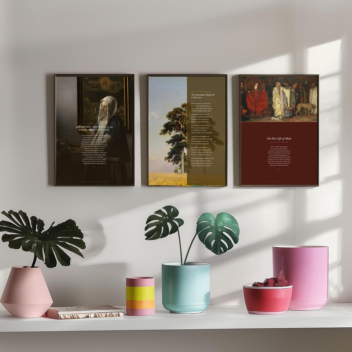 Elizabethan Poems Set of Three Art Prints - Passionate Shepherd, Come Sleep, On the Life of Man - Poems over Paintings Poster Triptych