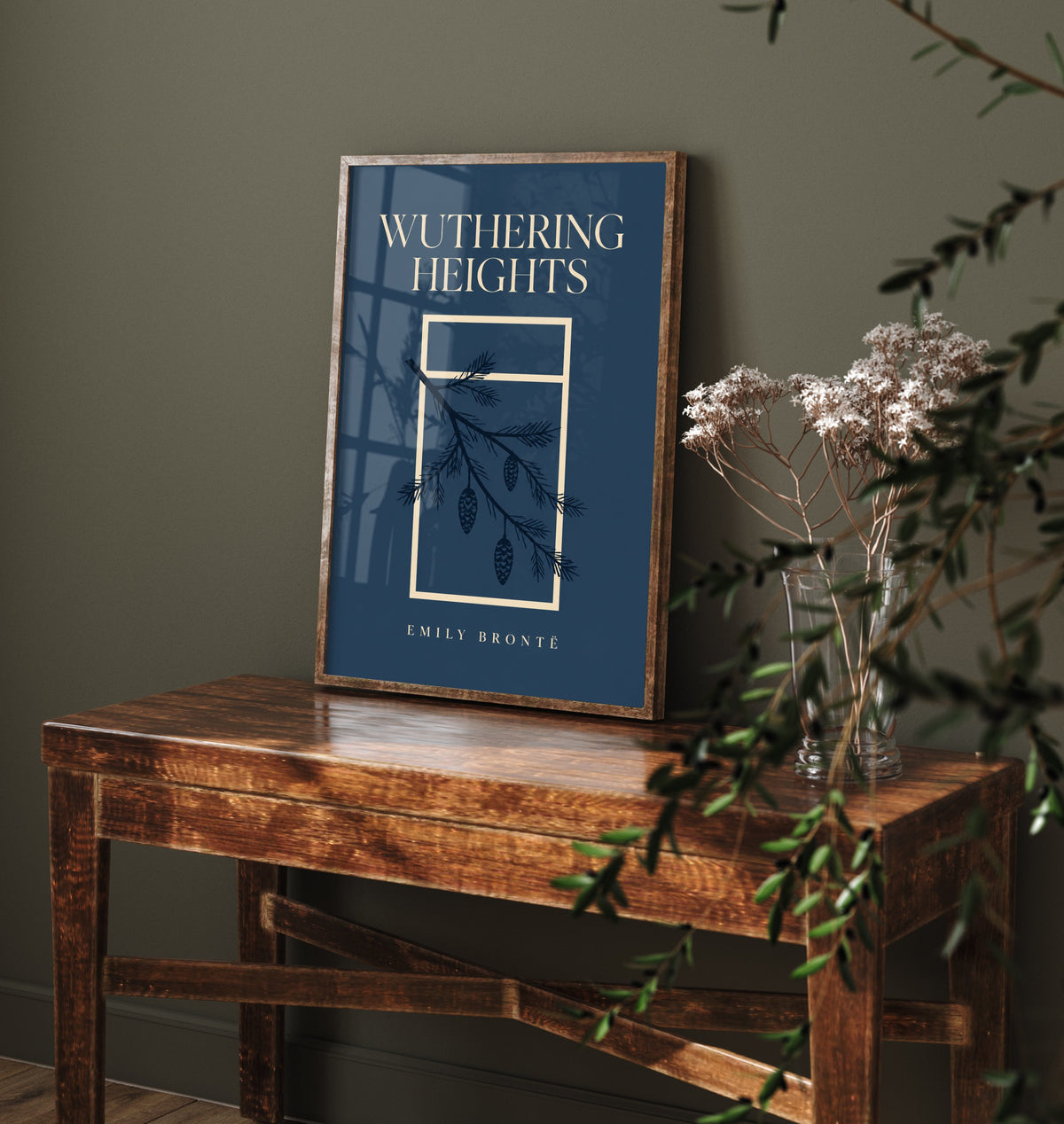 Wuthering Heights by Emily Bronte Art Print - Minimalist Book Cover Poster - Pine Branch and Cones Illustration