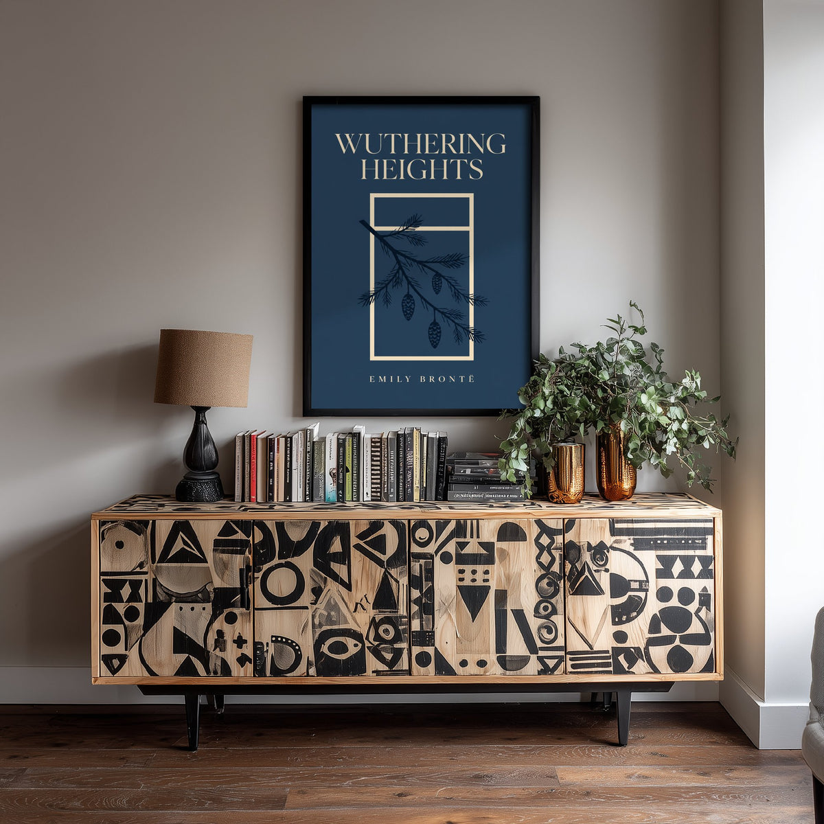 Wuthering Heights by Emily Bronte Art Print - Minimalist Book Cover Poster - Pine Branch and Cones Illustration