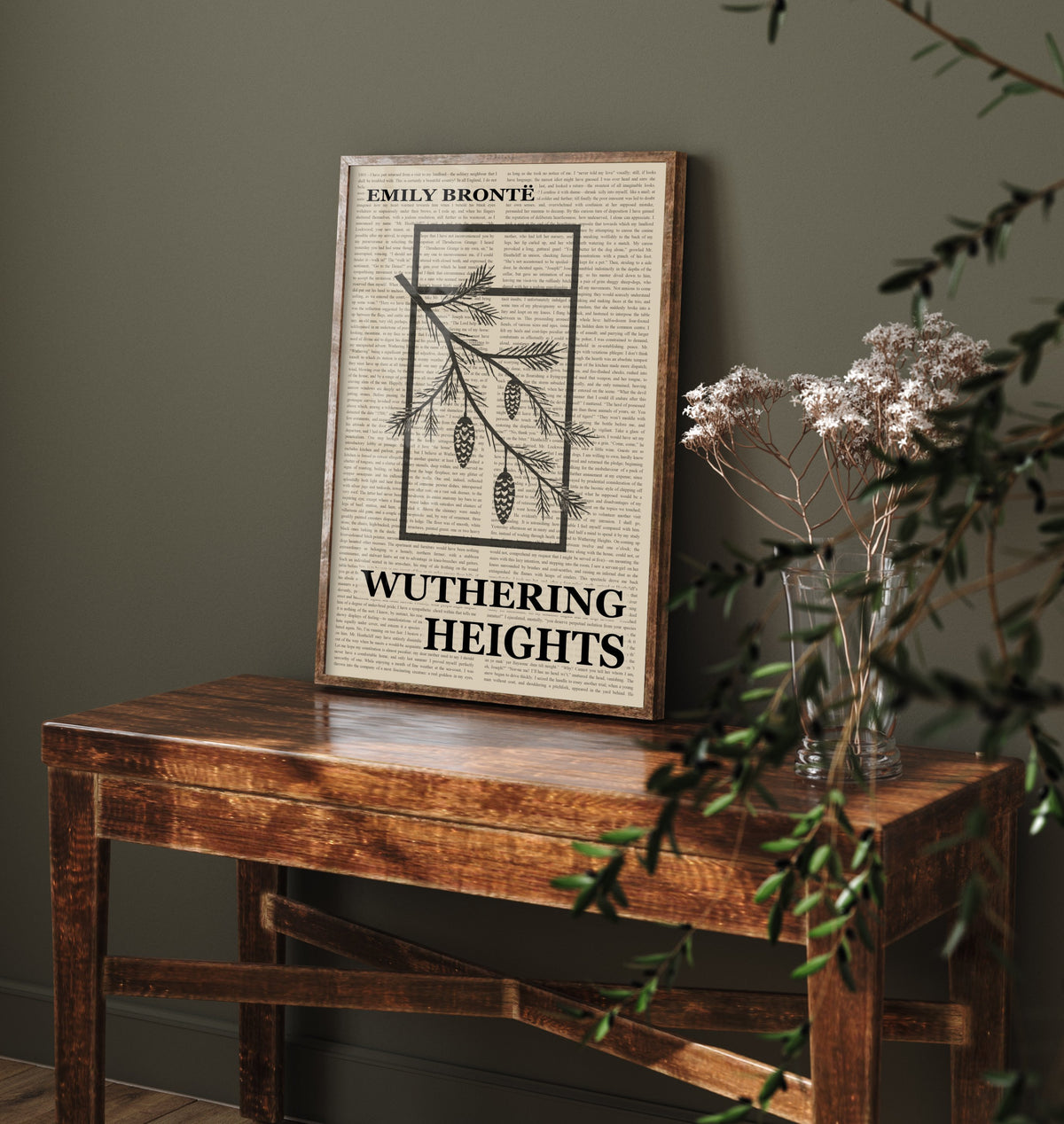 Wuthering Heights by Emily Bronte Art Print - Novel Text Book Cover Poster - Pine Branch and Cones Illustration