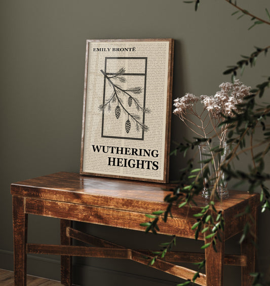 Wuthering Heights by Emily Bronte Art Print - Novel Text Book Cover Poster - Pine Branch and Cones Illustration
