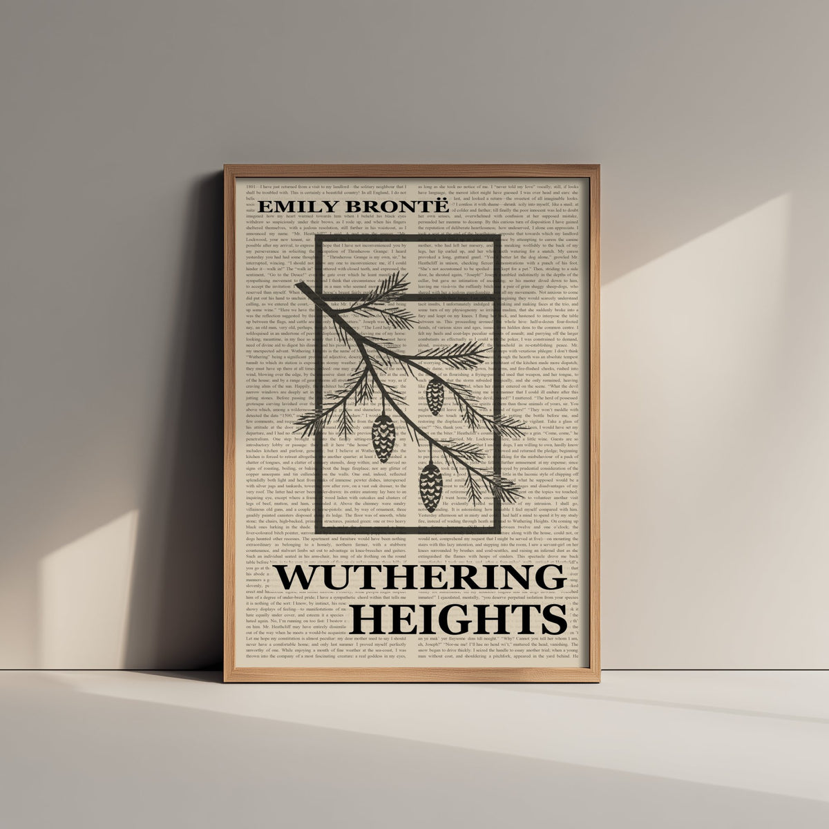 Wuthering Heights by Emily Bronte Art Print - Novel Text Book Cover Poster - Pine Branch and Cones Illustration
