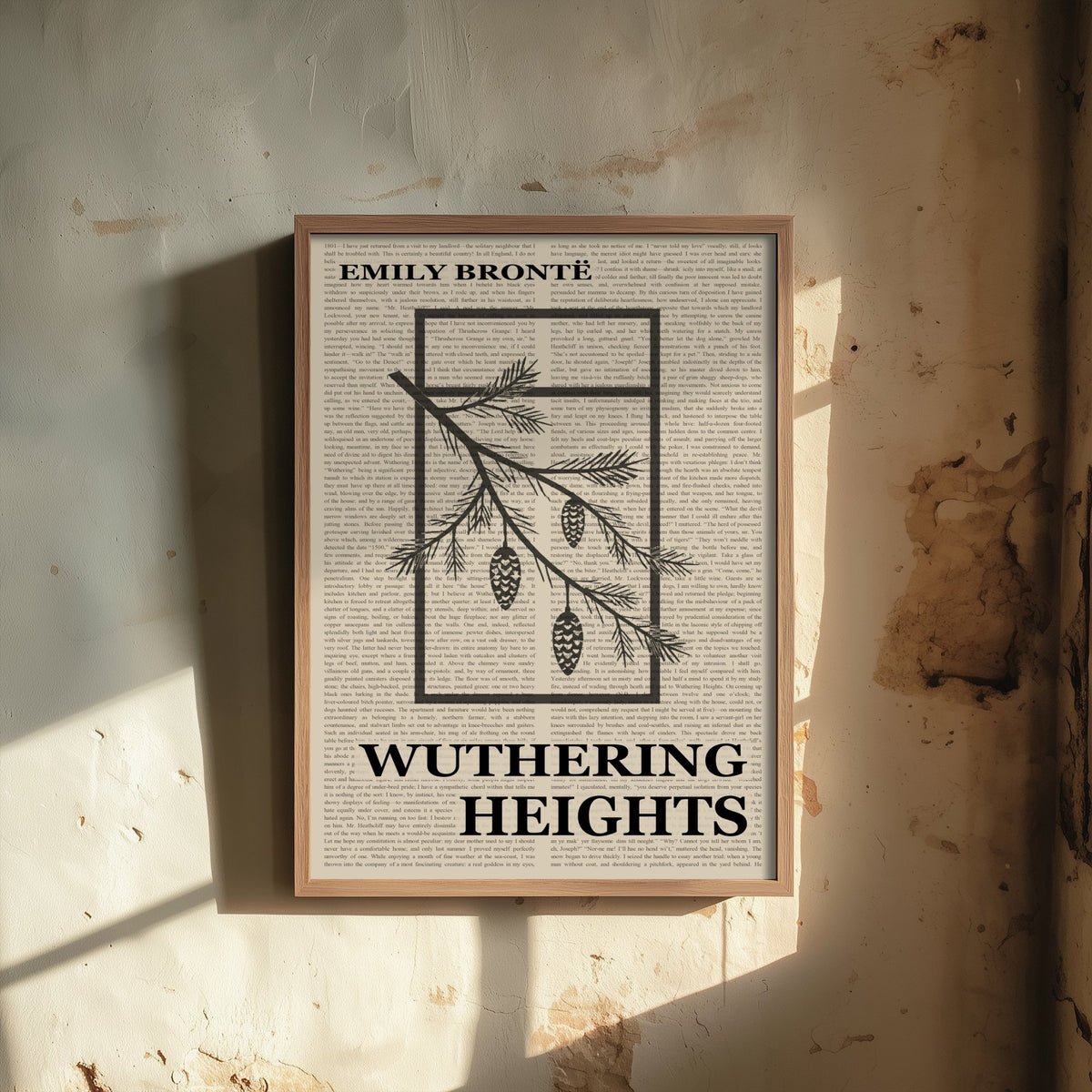 Wuthering Heights by Emily Bronte Art Print - Novel Text Book Cover Poster - Pine Branch and Cones Illustration