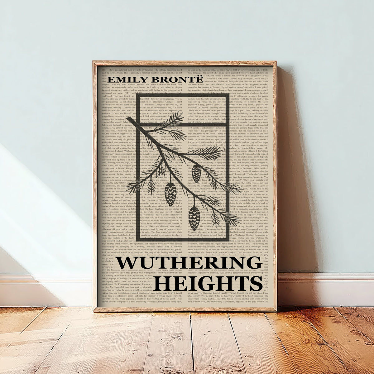 Wuthering Heights by Emily Bronte Art Print - Novel Text Book Cover Poster - Pine Branch and Cones Illustration