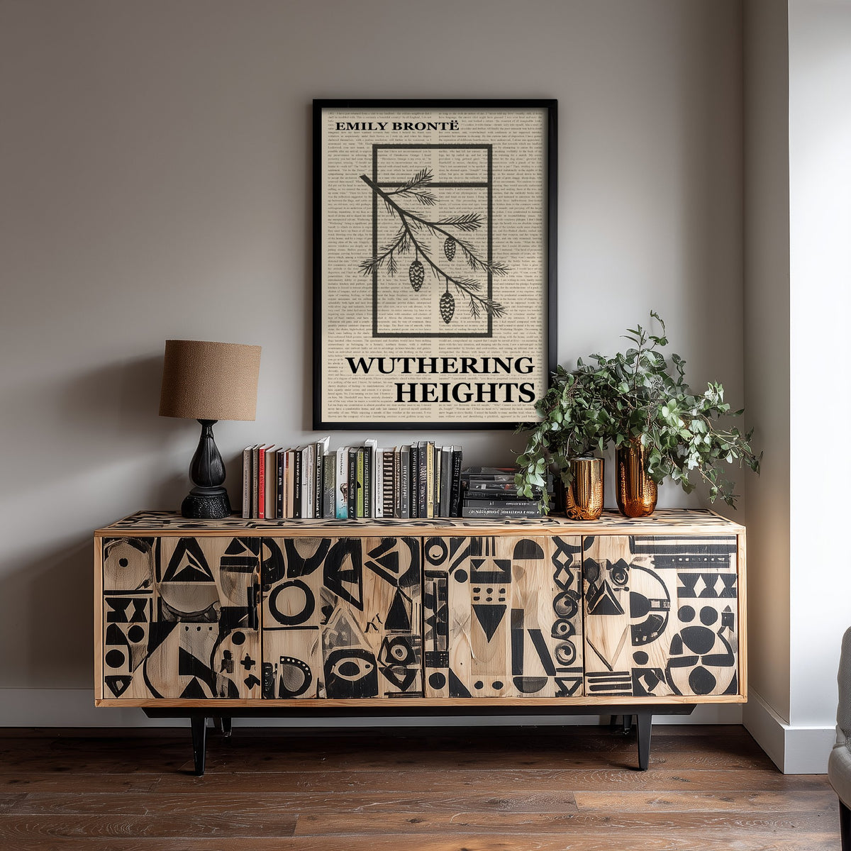 Wuthering Heights by Emily Bronte Art Print - Novel Text Book Cover Poster - Pine Branch and Cones Illustration