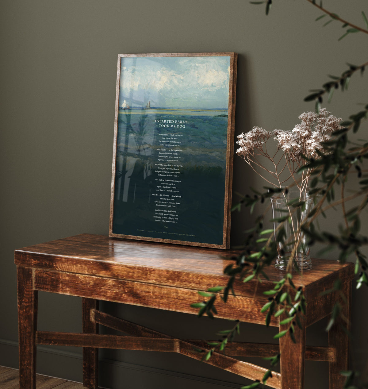 I Started Early Took My Dog by Emily Dickinson Art Print - Full Poem over Van Gogh Seascape Painting - Sea and Mermaids Poetry Poster